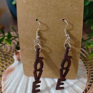 NWOT LOVE Wooden Handmade Dark Wood Tone Earrings Lightweight Fun Jewelry